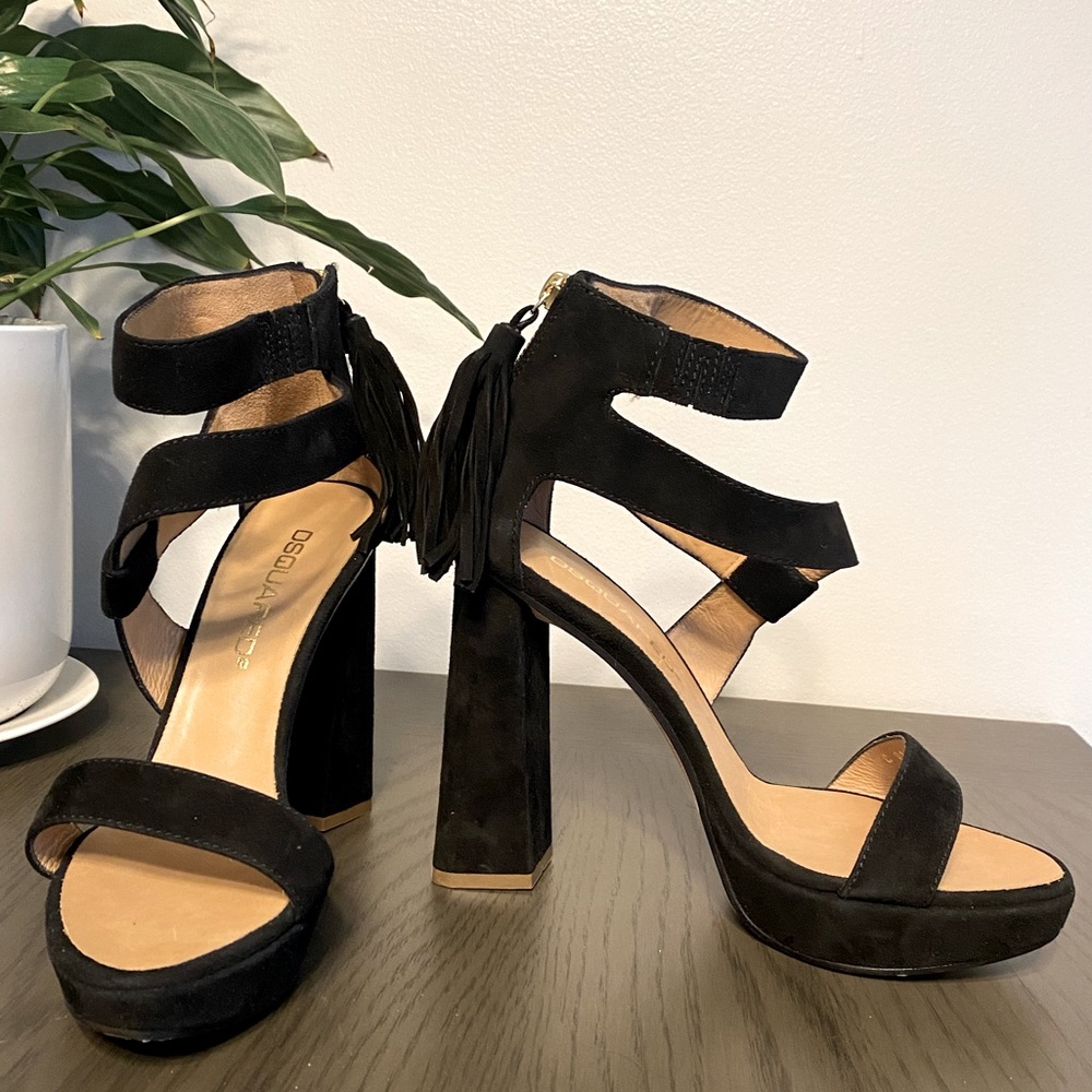 💕 DSQUARED2 Open Toe Black Suede Pump Chunky High Heel Italy Women’s 38 / 7 NIB